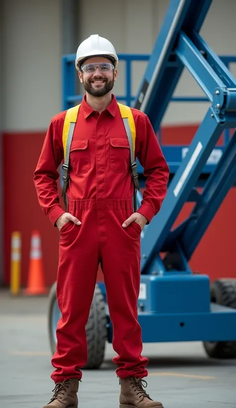 Create a poster-like image of a man dressed in a scarlet red boiler suit, safety helmet with white chinstrap ,  transparent sports safety glasses ,  brown safety boots and yellow safety harness ,  posing next to a manlift type personnel lifting platform . ...