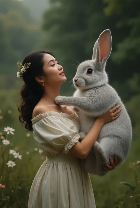 A very big rabbit is held in the womans hand