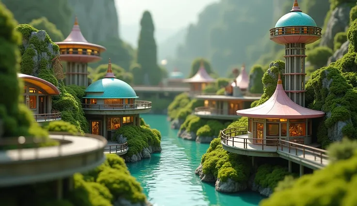 Maximum quality masterpiece, 4k resolution, (best quality,4k,8k,highres,masterpiece:1.2), ultra-detailed, (realistic,photorealistic,photo-realistic:1.37), HDR, A breathtaking image of a retro futuristic miniature world in the moss, retro futuristic buildin...