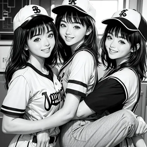 (masterpiece、Monochrome、Line art、Japanese Manga)、Baseball Girl、 baseball uniform 、 cap、smile、White teeth、Two girls looking happy、