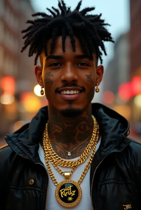 Create a 23-year-old rapper boy with black Power hair with reflections on his hair in gold tattoos and with gold teeth and a thick chain around his neck with a black and yellow pendant written in the middle of Rio Grillz