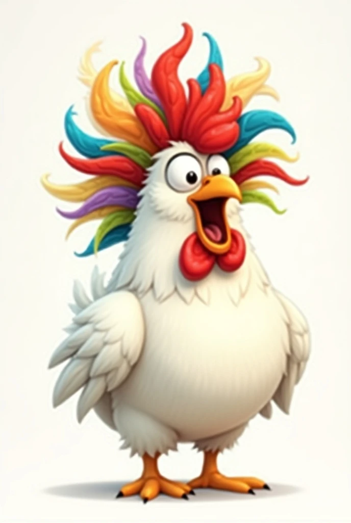 White crazy chicken cartoon with colorful messey hairs on head