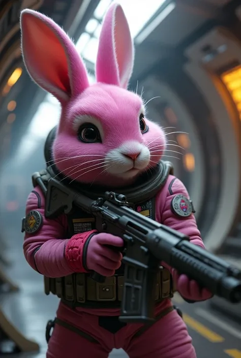  Generate the image of an anthropomorphic rabbit,  of medium height with pink fur,  wearing a space pilot outfit , of special forces , with a perfect body ,  with an assault rifle in his hands , In an action scene ,  on a background in a space ship 