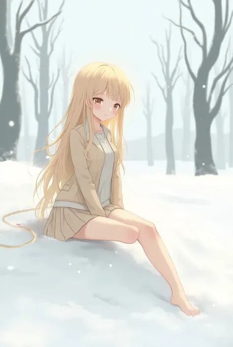 A beautiful anime girl with long yellow hair in a short skirt and jacket sits in the snow