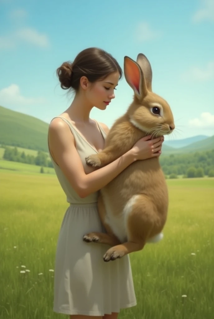 The woman is holding a very big rabbit in her hand