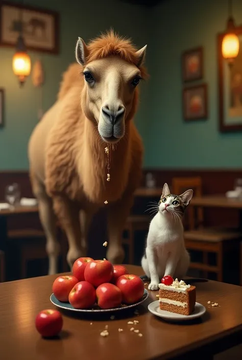 A camel eats apples and a cat eats cake in a restaurant 
