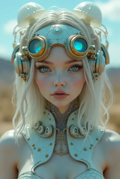 Ethereal Cyborg Woman, bioluminescent jellyfish tiara. Steampunk goggles merge with translucent tentacles. Cracked porcelain skin meets iridescent scales. Mechanical implants and delicate tendrils intertwine. Human characteristics with an otherworldly glow...