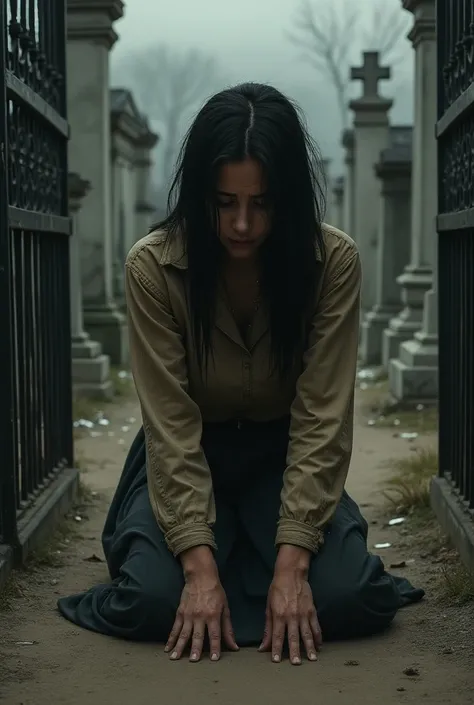 a woman who is depressed and weeping for a dead man begging outside a cemetery





