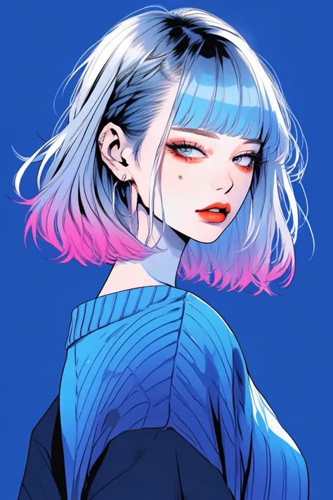 (best quality, sketch:1.2),realistic,illustrator,anime,1 girl, detailed lips,sweater,custom,blue gradient background,neon hair,t...