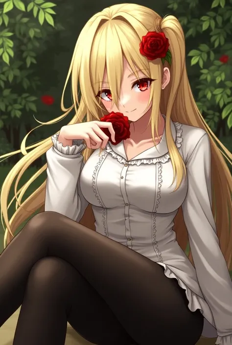 masterpiece, best quality,  absurdres, looking at viewer, solo, rita rossweisse (summer nights dream), rita rossweisse, shirt, pantyhose, red rose, red eyes, blonde hair, long sleeves, mole under eye, hair over one eye,  frilled shirt, white shirt,  seduct...