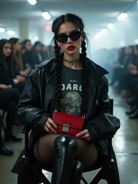 25 year old woman, blue eyes, long dark black hair two braids, sitting in black directors chairs watching the fashion show. she wears an edgy streetwear outfit featuring a vintage oversized T-shirt in faded black or graphite with a front graphic and text p...