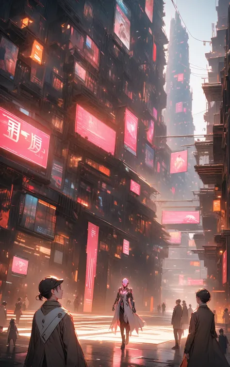 "Cyborg Detective in the City of the Future"
 prompt : "Hyper-detailed nano-textured futuristic cityscape in 8K resolution, showcasing intricate neon patterns and vibrant holographic displays. The scene features a cybernetic detective with one natural brow...