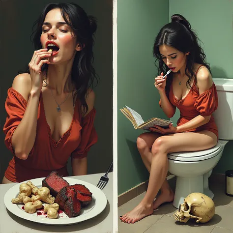 Two scenes. In the first, a woman picking her teeth with one of her sons bones, whom she cooked and ate. Real life. Fantasy. Explicit and graphic. Pieces of her dismembered son including his severed head on the plate. In the second scene, the same woman is...