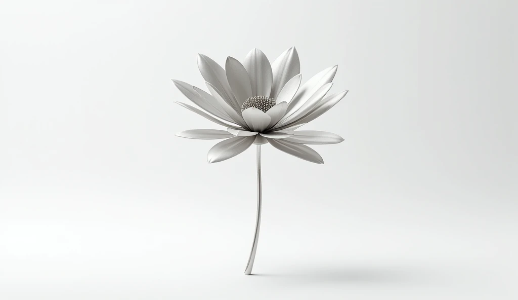 (masterpiece, best quality:1.2),
(8K, ultra-detailed, hyper-detailed, RAW photo quality, Unreal Engine rendering:1.3),
(pure white background, clean and minimal with no other elements:1.5),
(a delicate, metallic flower with thin, reflective petals, standin...