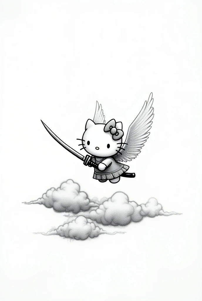 Hello kitty with angel wings with a Japanese sword in her hand.  Flying above a cloud Japanese style kumo drawing black and white drawing.
Large drawings  