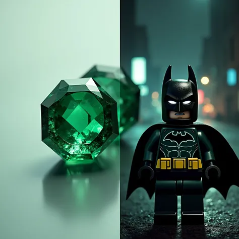 Create an image of a raw emerald stone and a cut emerald stone for a logo. and Batman in lego art, night