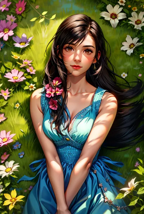 typhus,   detailed face , portrait,  long hair, lies in the grass with flowers,  sunny day