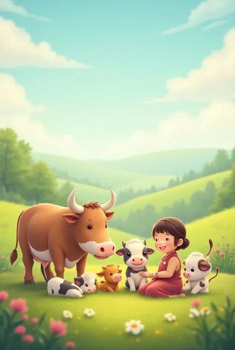 Grandparents cows with baby cow woman eating animated