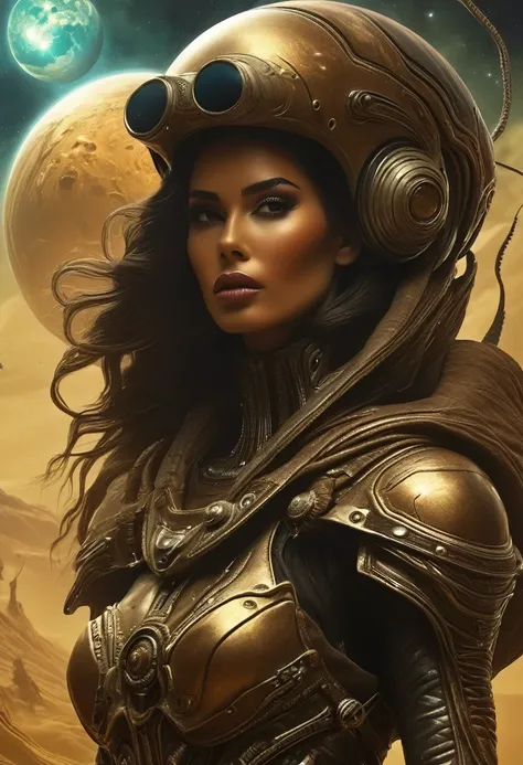 Space, sepia, grainy, eerie setting. Creepypasta. Miss Universe among aliens, a monster in the style of Elson Peter, Diego Dyer, Peter Mohrbacher, Karol Bak. (1 full-length frame. 32k hyper HD), masterpiece, best quality, ultra-detailed (solo, 1 entity gir...