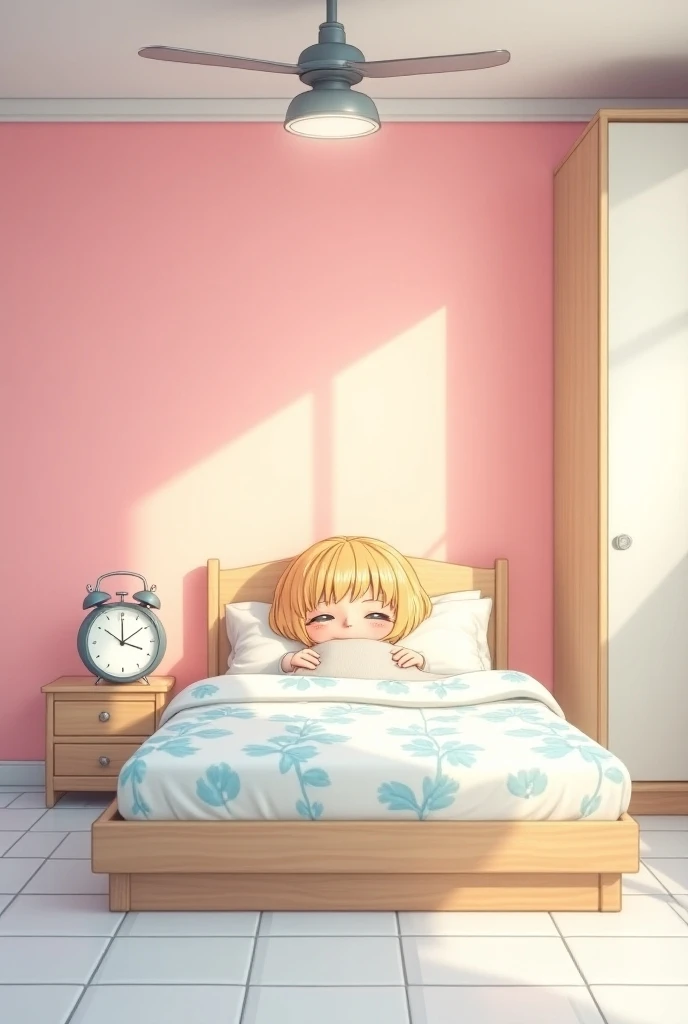  A skinny yellow-haired white blonde lying in bed and waking up because of the giant alarm clock with an alarm sound on her side.  In a room with a pink wall only on the side of the headboard , with a wardrobe with a transverse bed ,  also called a built-i...