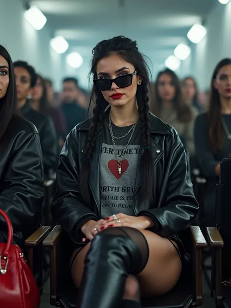 25 year old woman, blue eyes, long dark black hair two braids, sitting in black directors chairs watching the fashion show, in the minddle of the public. she wears an edgy streetwear outfit featuring a vintage oversized T-shirt in faded black or graphite w...