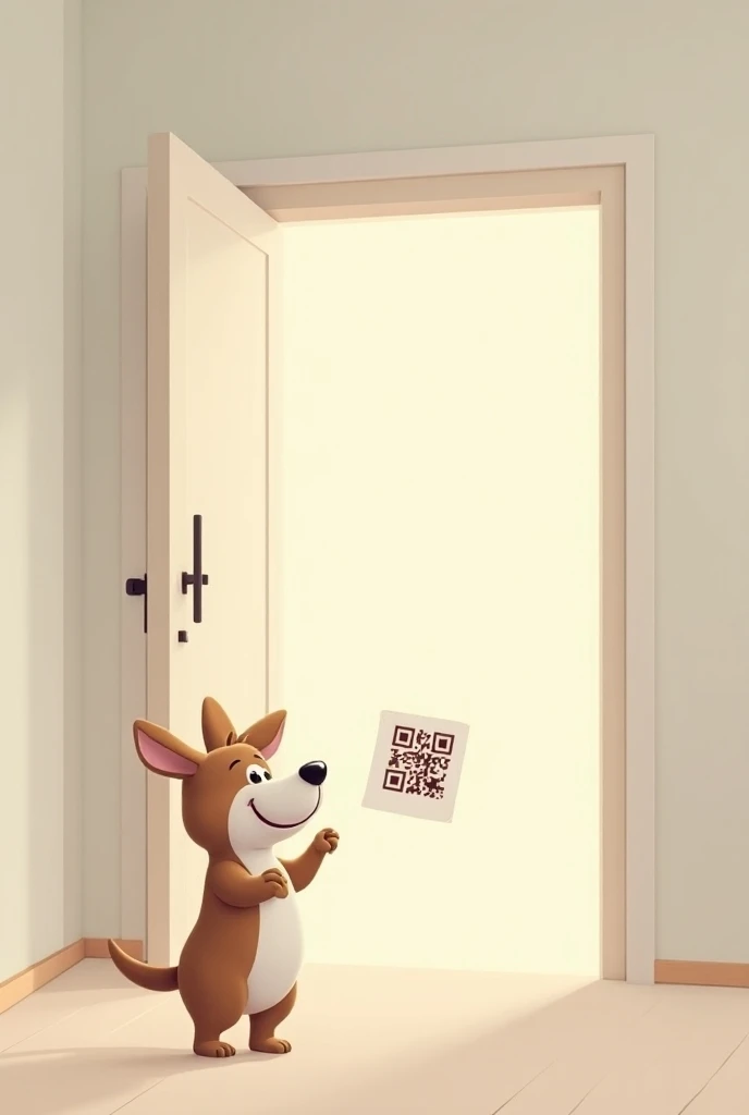 I need a drawing of a dog  ,  pointing his hand in the middle at the center of it ,  and in the middle there is a sliding door that pretends to run it with his hand revealing a QR code.