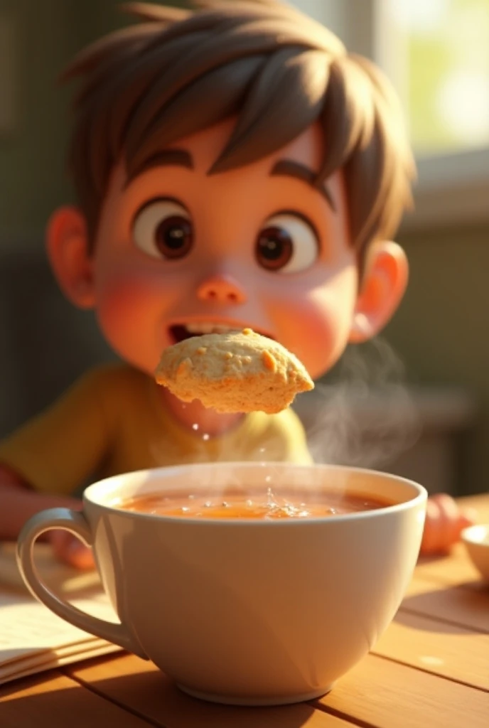 

A close-up, realistic 3D Pixar-style scene of a person dipping a biscuit into a steaming cup of tea. The person has an excited, playful expression, with a warm light casting soft shadows. The biscuit is halfway into the tea, creating small ripples and sp...