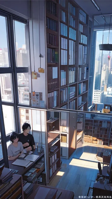 Black-haired.  hes studying in her room wearing a loose t-shirt..  likes to drink coffee , 
 The room has large bookshelves and many vases .  has large windows .、 from there you can get good views of tall buildings., Busy desk 