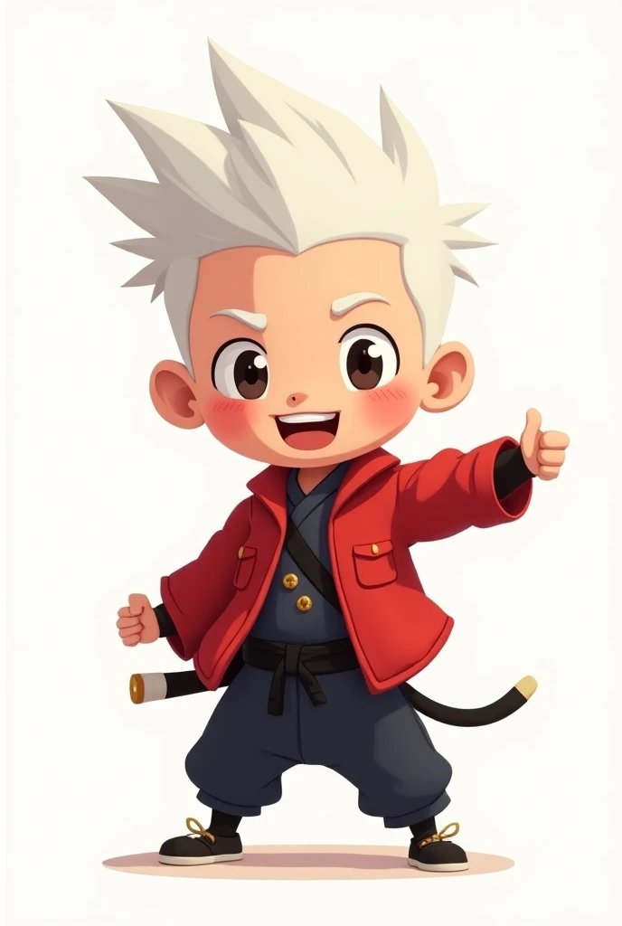 Make a little ninja who wears a red jacket and black pants with white hair and he has his very lively Cartoon style expression with minimalist background 