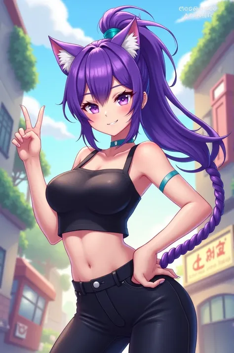 Con el pelo morado con una cola de caballo orejas de gato con el flequillo de color azul cian personaje de gacha club camisa negra sin mangas que se le vea la barriga y pantalones negros ♀️