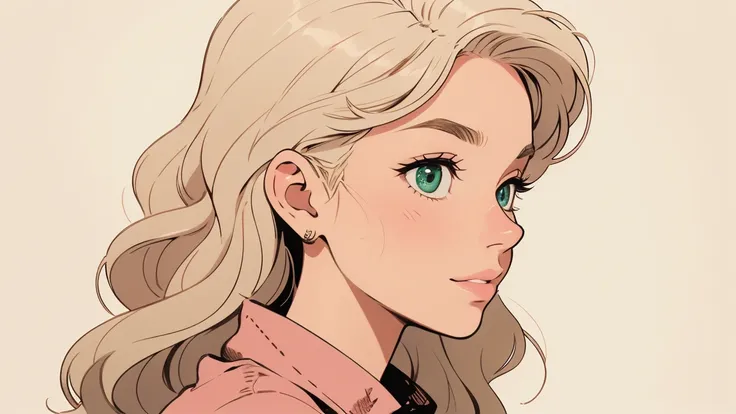 Create a unique manga-style character illustration of a young woman based on the following description: She has light blonde hair, slightly wavy with a few strands framing her face. Her eyes are large, with a gentle expression, and appear to be a light col...