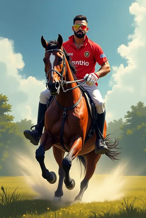 Virat Kohli in RCB Jersey and horse rider 
