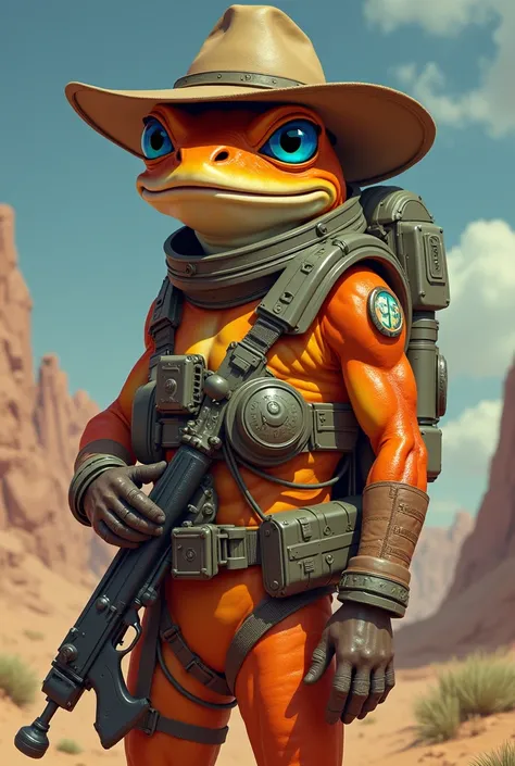  Generate the image of an anthropomorphic frog, man,  with orange skin , with blue eyes,  with a sturdy but not exaggerated body , of medium height,  with a careless expression ,  wearing a space pilot suit , very detailed and stylized ,  with a Texan hat ...