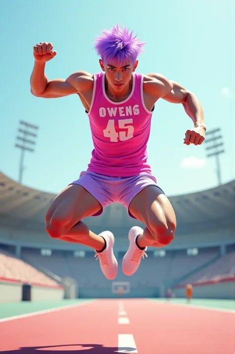  uhd 8k long distance jumping athlete with cool hang style ,  young Korean teen guy bright light purple emo hair wearing pink tank top muscular written  "45 Owens "  shorts visible phallistic underarm fur wearing running shoes jumping high with hang style ...