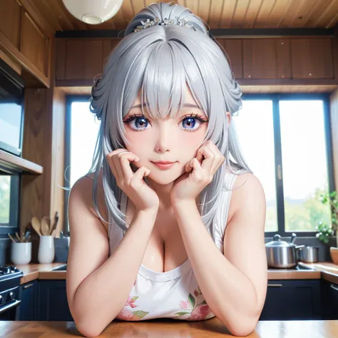 1 Japanese beautiful girl with silvery white hair in an intricate asymmetrical updo. The back of her hair is bunched high and short with the ends fanning out. The left side of her hair frames her face with long, loose strands, while the right side of her h...