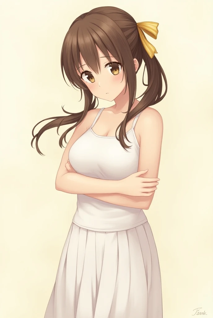  1 girl,Tear、 Long Hair, smile, bangs, chest, Brown Hair,  yellow ribbon 、 high resolution on down,  分け目のあるbangs, Tying up hair, 大きなchest, Character portrait, whole body、 anime style, white tank top clothes、White Skirt。A girl around 、clear、Pitiful、 low pon...