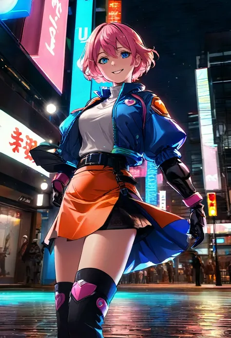 1girl,cowboy shot, beautiful nora_valkyrie, looking at viewer, smile, short hair, blue eyes,heart cutout, gloves,  jacket, pink skirt, pink belt, short sleeves, puffy sleeves, single armband, fingerless gloves, orange hair, pink gloves, dynamic pose, night...