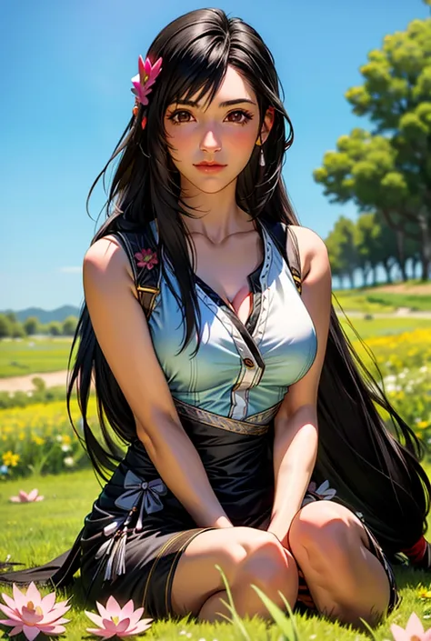 Tifa alone ,   detailed face , portrait,  long hair,  sits in the lotus position, in the grass with flowers ,   sunny day 