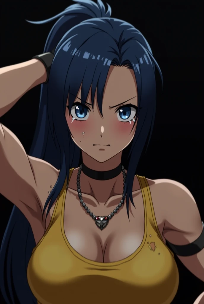 score_9, score_8_up, score_7_up, source_anime, anime screencap, Leona Heidern, long hair, sideboob, looking at viewer, eye contact with viewer, bare shoulders, black background, arm up, raised arm, armpit, armpit up close, close-up of armpit, sweaty, 1girl...