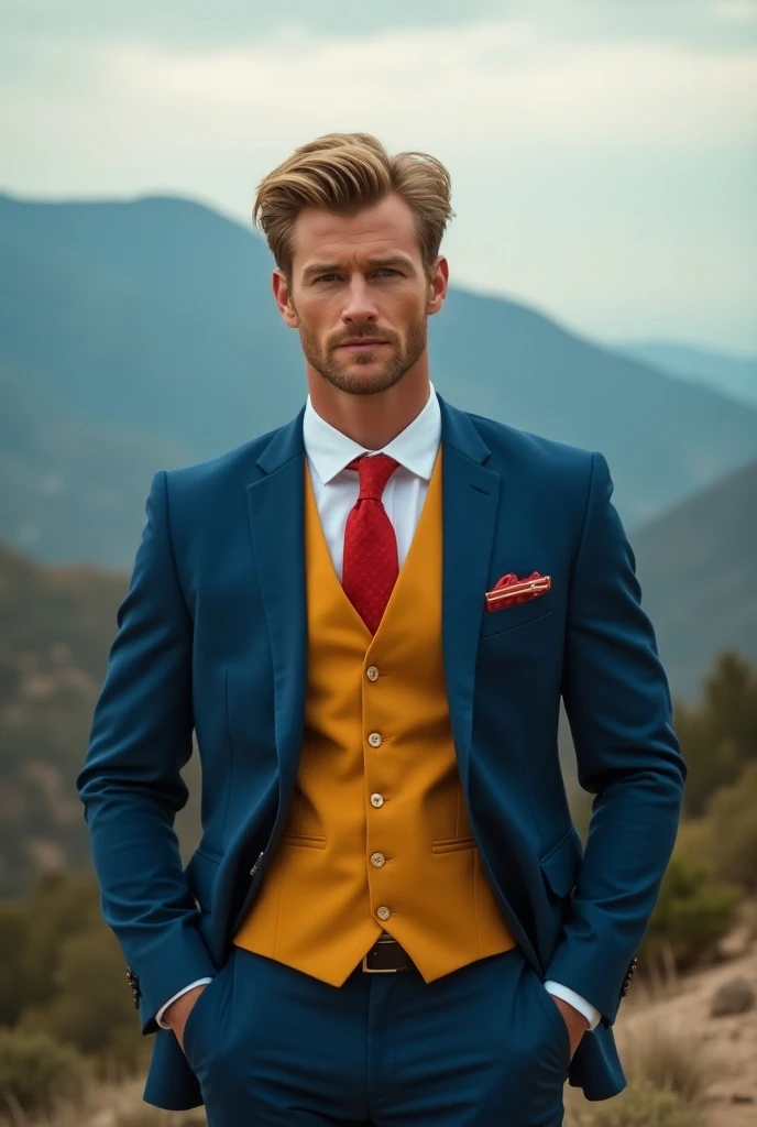 Blond man in a blue suit, yellow vest and red tie and who looks like Chris Hemsworth, But most handsome in the world with a face banish Ecuador behind him