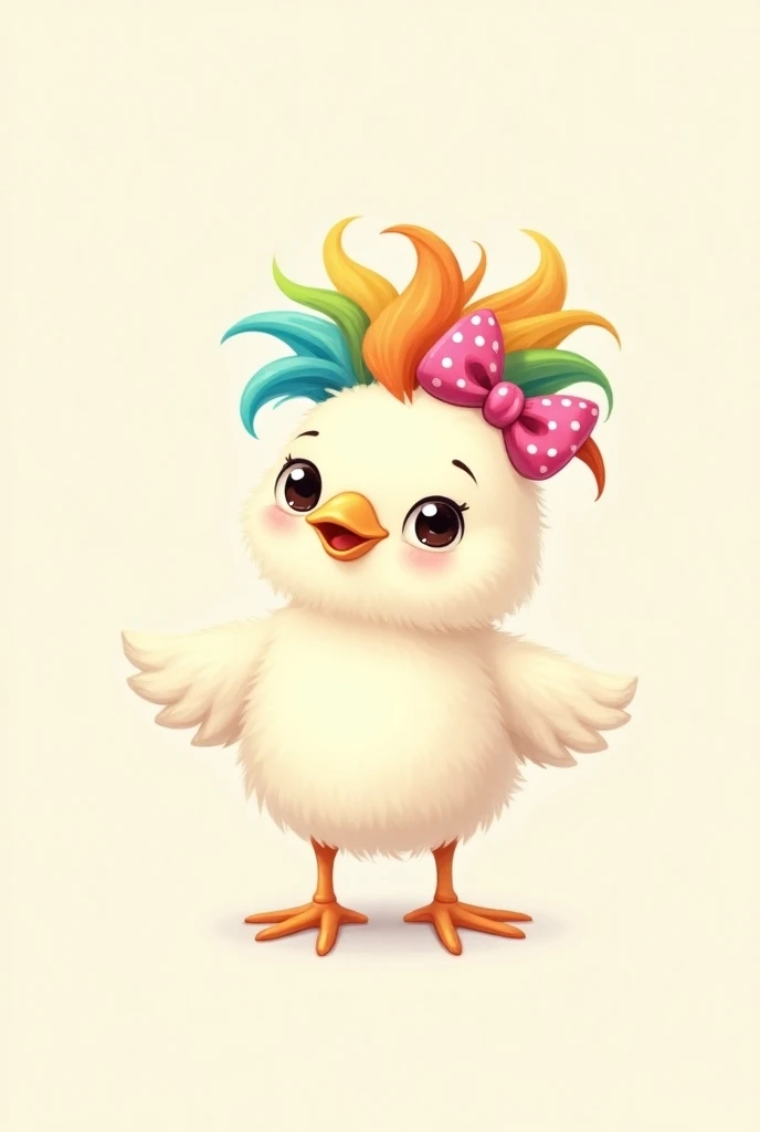 White crazy baby chick cartoon with colorful messey hairs and pink bow with polka dots on head looking at front. Legs must be of chicken