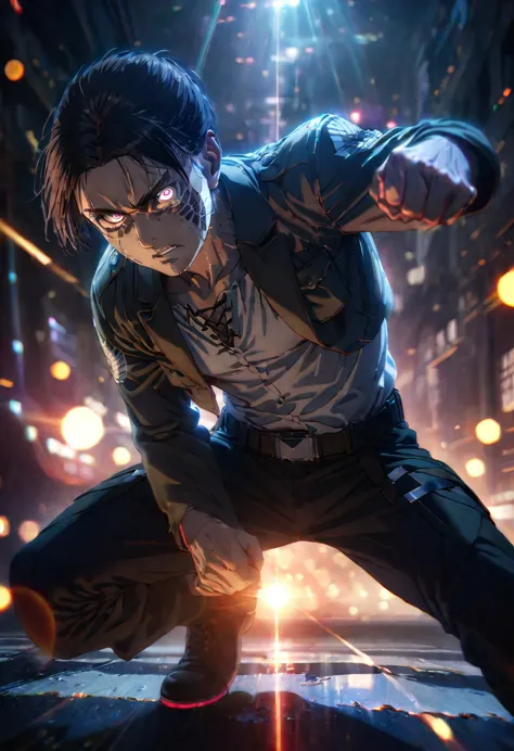 Upper half of the body, (Masterpiece, best quality: 1.2), Alone, adult male, Eren Yeager, Attack on Titan, looking at viewer, official art, extremely detailed CG unit, 8k wallpaper, perfect lighting, ( masterpiece: 1.0), (best quality: 1.0), ultra high res...