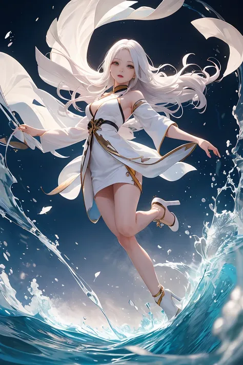 1Chinese woman, Yellow-white skin ,  Pure White Hair,  glowing eyes ,  Hanfu Dress , White suit, Krabi, การเต้นรำKrabi, high-heels,  feathers fluttering in the air, Dynamic background , spell, 3D Realistic Images, Dark tone,  blue waters ,  dynamic waterli...