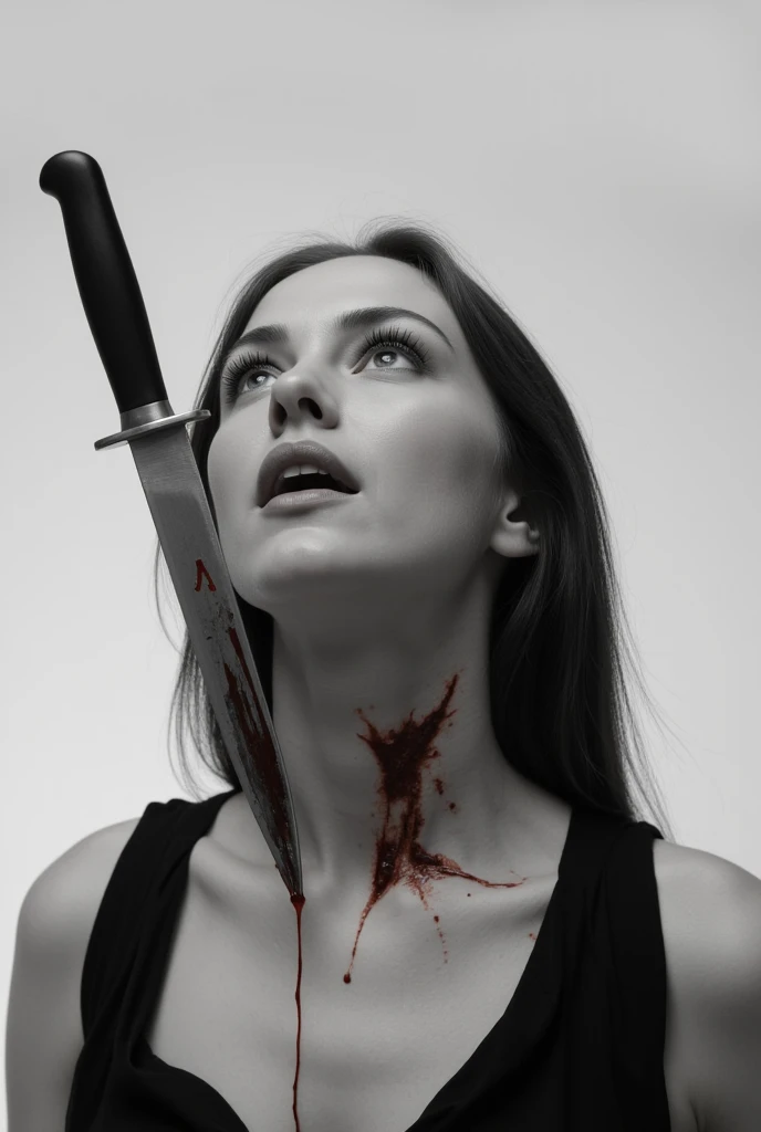 portrait photo, beautiful female, her head thrown back, she has large manly adams apple, the knife sticks out of her throat, throat stabbed with knife