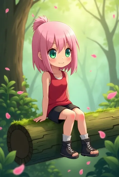 Sakura haruno sitting on a log in cartoon style 