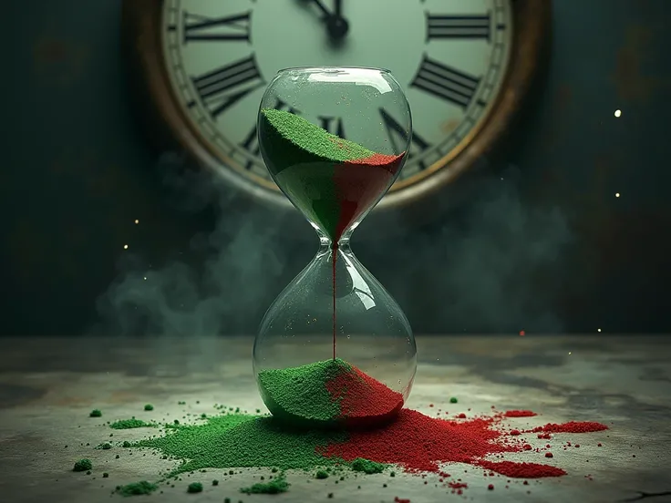 Book cover with a broken hourglass with green and red sand with blood dripping and a clock signifying time travel with the title One Only Hope