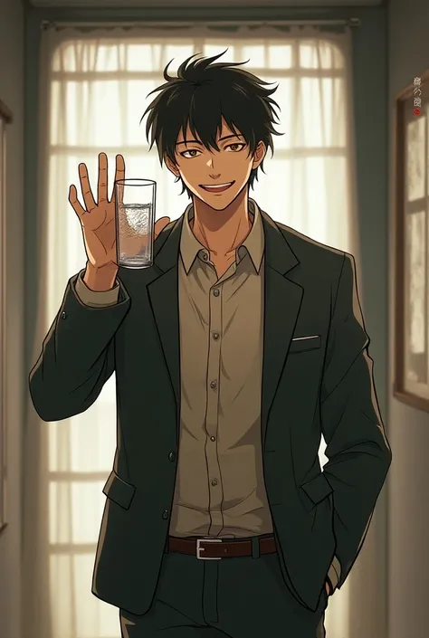 friend from 20th century boys holding a glass of water waving hello