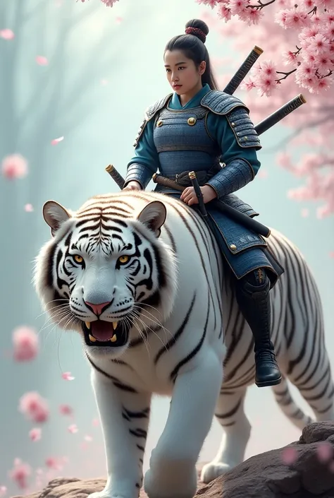 asian girl 18 years, คนจริง, 

Create an epic fantasy scene featuring a majestic white tiger, adorned in intricate armor, with a powerful samurai warrior riding on its back. The samurai is dressed in traditional Japanese armor with blue and silver accents,...