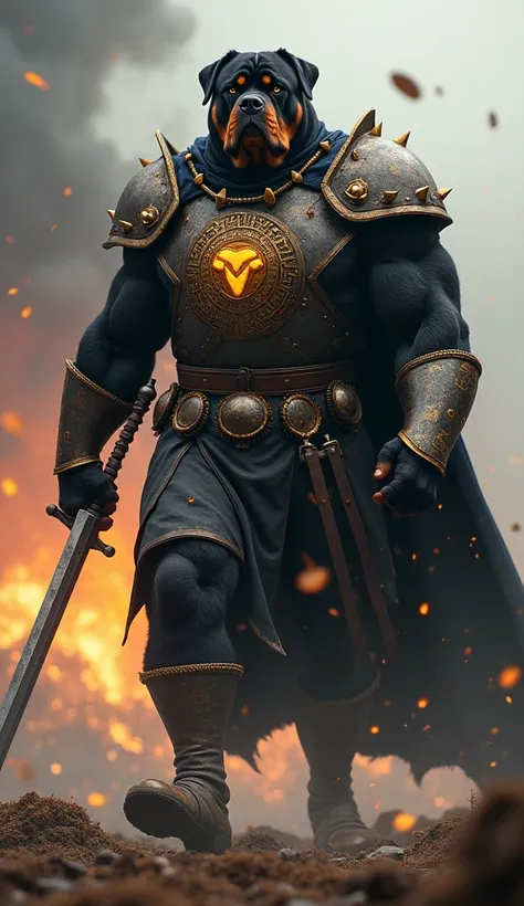 A colossal Rottweiler named Thoran, his coat gleaming like polished ebony armor, stands at the helm of a fierce battlefield. His eyes, piercing and wise, are deep pools of amber, radiating strength honed through centuries of battle. Thoran’s chest plate, a...