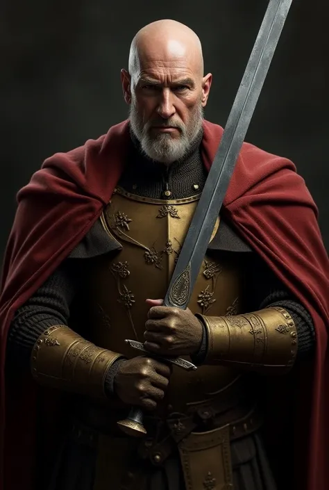 actor charles dance, as tywin lannister from Game of thrones, wearing his dark golden and red armour. in his hands, the great sword called Ice, from the house stark. all in realistic style